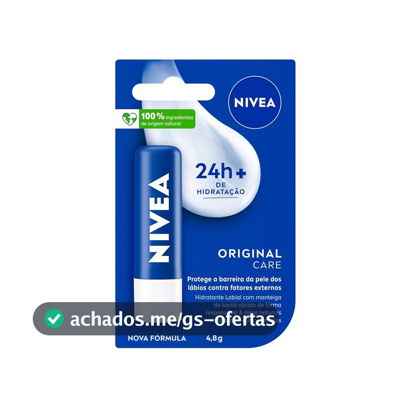 NIVEA Hidratante Labial Original Care 4,8g, Hidratação Intensa 24h, Protege contra Ressecamento, Cuidado Diário, Manteiga de Karité