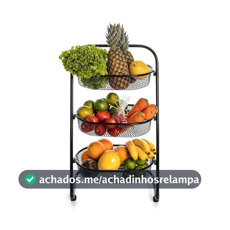 Metaltec Fruteira Chão Cozinha com Rodinhas Reforçada Preta 3 Cestos Aço