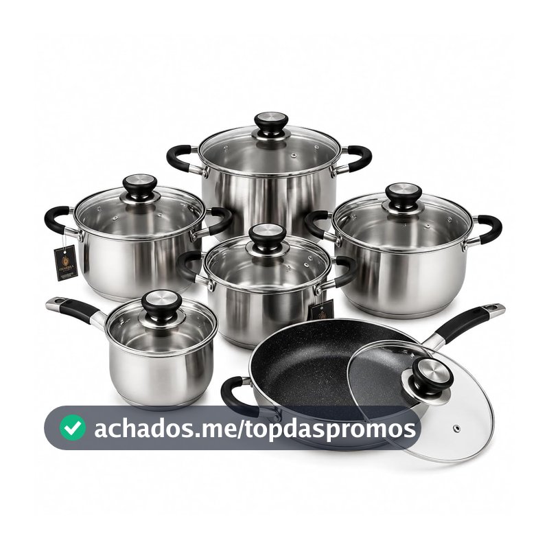 Jogo de Panelas Inox 12 Peças Fundo Triplo Compatível Indução Frigideira Cerâmica Kit Completo Premium