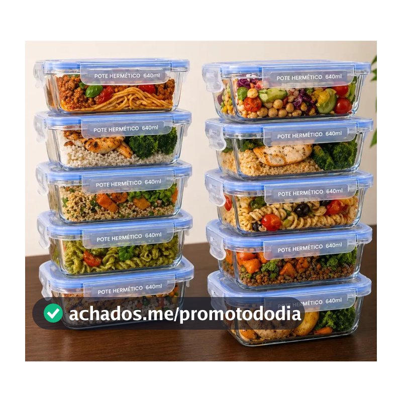 Kit 10 Potes de Vidro Borossilicato Herméticos, 640ml, Retangular, com Tampa 4 Travas e Vedação Silicone, para Forno, Freezer e Micro-ondas