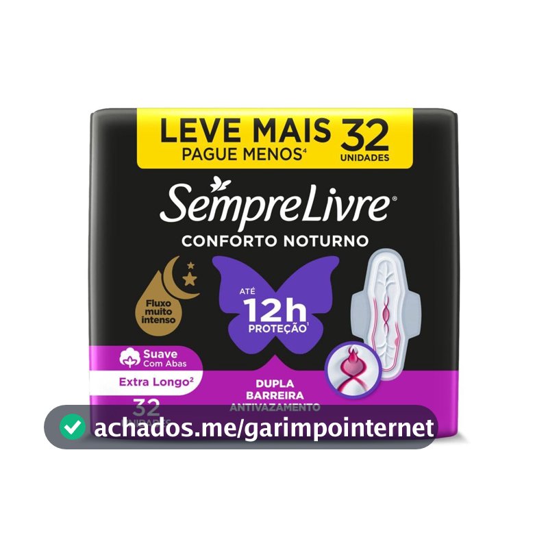 Absorvente Noturno com Abas Sempre Livre, Cobertura Suave, 32 Unidades