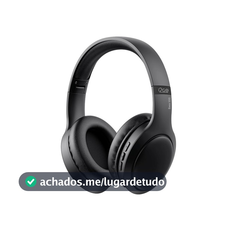 I2GO, Headphone Bass 500, Bluetooth, Microfone Integrado, Controle Multimídia, Até 30h de bateria, Entrada cabo auxiliar P2 (incluso), Dobrável, Preto, i2GO PRO