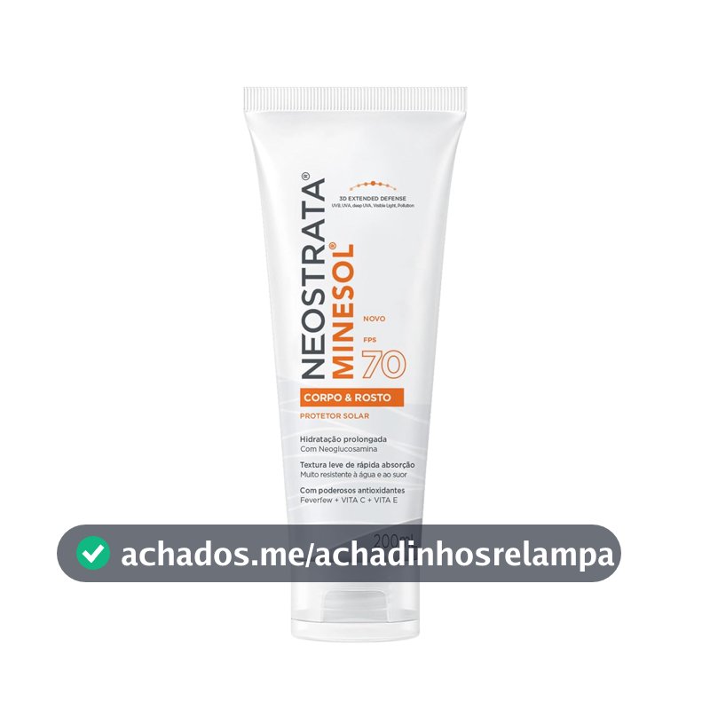 Protetor Solar Corporal Minesol, Resistente à Água, FPS 70, 200ml