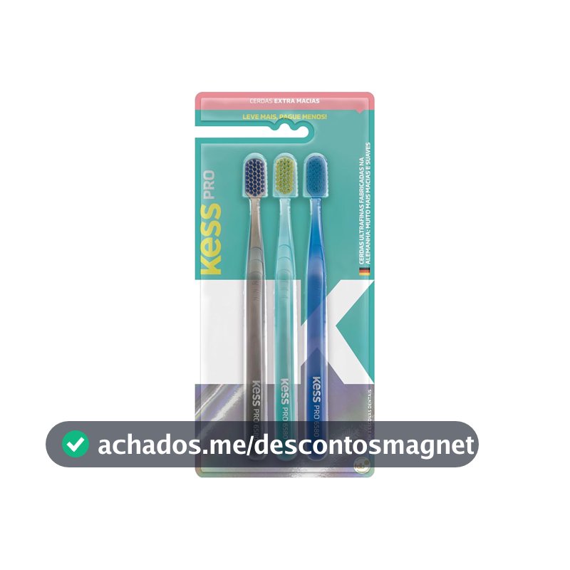 Kess, Pack com 3 Escovas Dentais Pro Extra Macias, Cores Sortidas