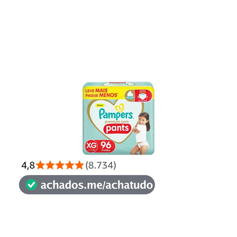 Fralda Pampers Premium Care Pants Tamanho XG, Fácil de Vestir, 96 Unidades