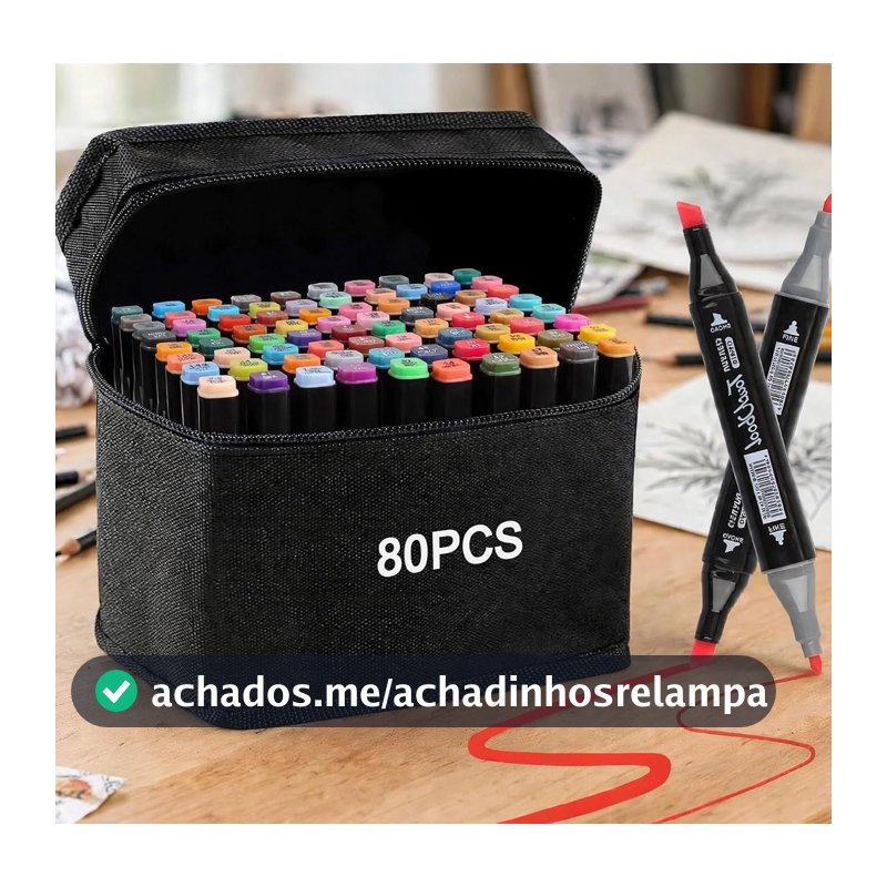 Kit de 80 Canetas Marcador Permanente Ponta Dupla Coloridas para Desenho Profissional Escolar Infantil com Estojo Organizador Base Artista Canetinhas Hidrográficas Alcool Caneta para Colorir
