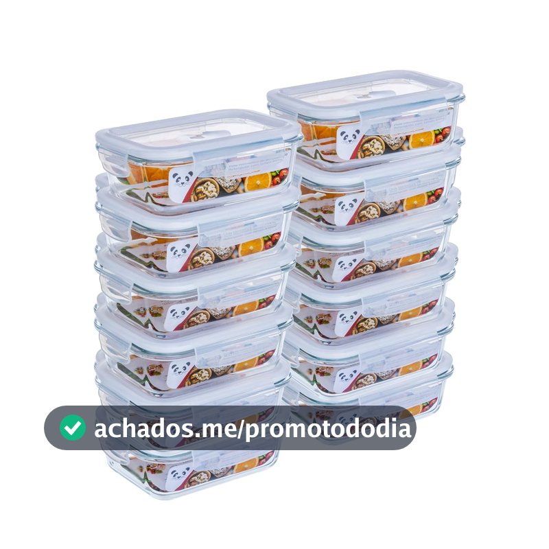 Kit com 12 Potes de Vidro Gato Panda, 640 ml, Retangular, com Tampa Hermética, Branco