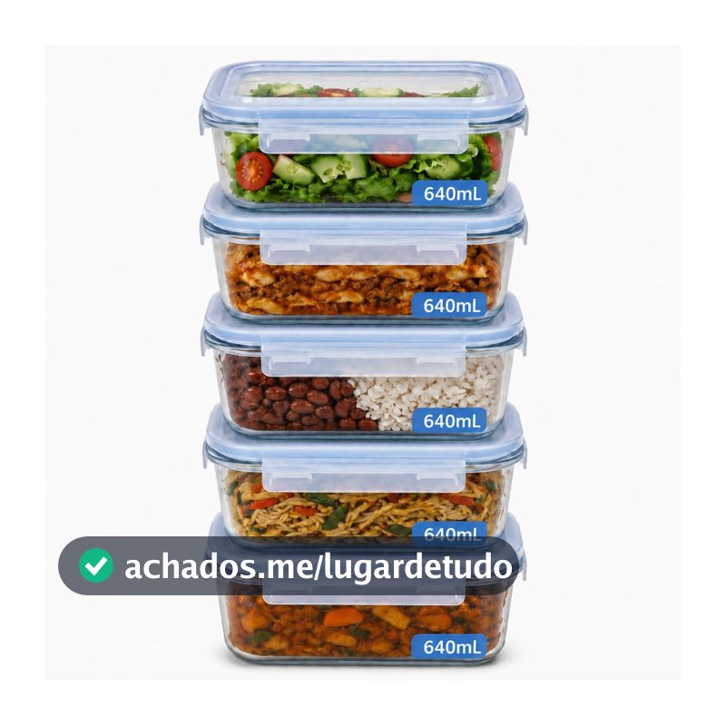 Kit 5 Potes de Vidro Borossilicato 640ml Herméticos com 4 Travas Ideal para Marmitas e Conservação de Alimentos, Vedação Total, Refratário para Forno e Freezer
