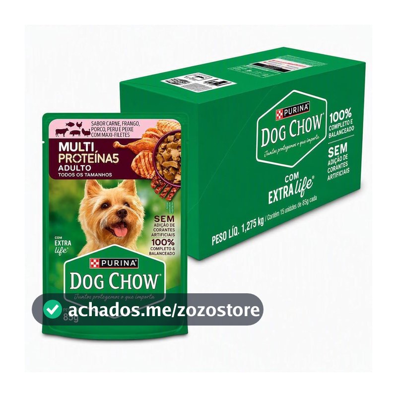Ração Úmida DOG CHOW® MULTIPROTEÍNA5 para Cães Adultos Carne, Frango, Porco, Peru e Peixe 85g - 15 unidades