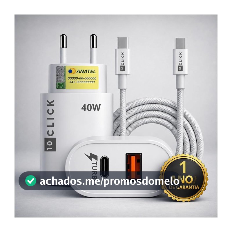 Carregador Turbo 40W Compatível iPhone 17 16 15 iPad USB-C PD Dupla Saída
