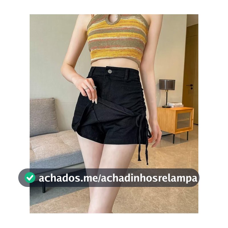 Saia jeans feminina cintura alta - Saia jeans 2 em 1 franzido com cordão e short forrado, Preto, P