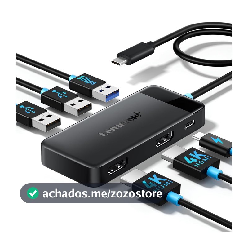 Lemorele Dock Station 2 HDMI 4K 30Hz para 2 Monitores, Adaptador USB C 6 em 1 com 3 Portas USB 3.0, PD 100W, Compatível com MacBook, Dell, HP, Surface 6