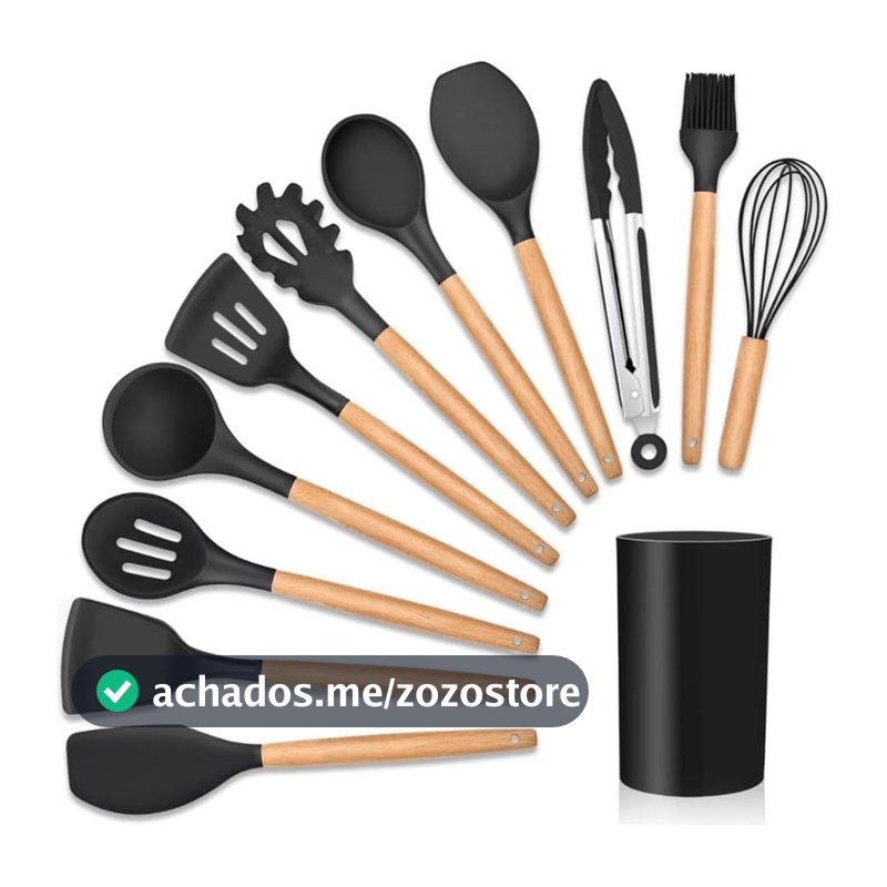 Kit Utensílios de Cozinha com Suporte Organizador, Conjunto de Colheres, Espátulas, Pegador, Batedor e Pincel com Cabos Amadeirados, Acessórios para Cozinhar e Servir