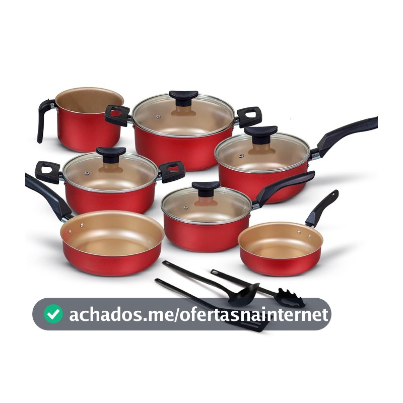 Jogo de Panelas 10 Peças Cereja Antiaderente c/Tampa de Vidro e Utensílios