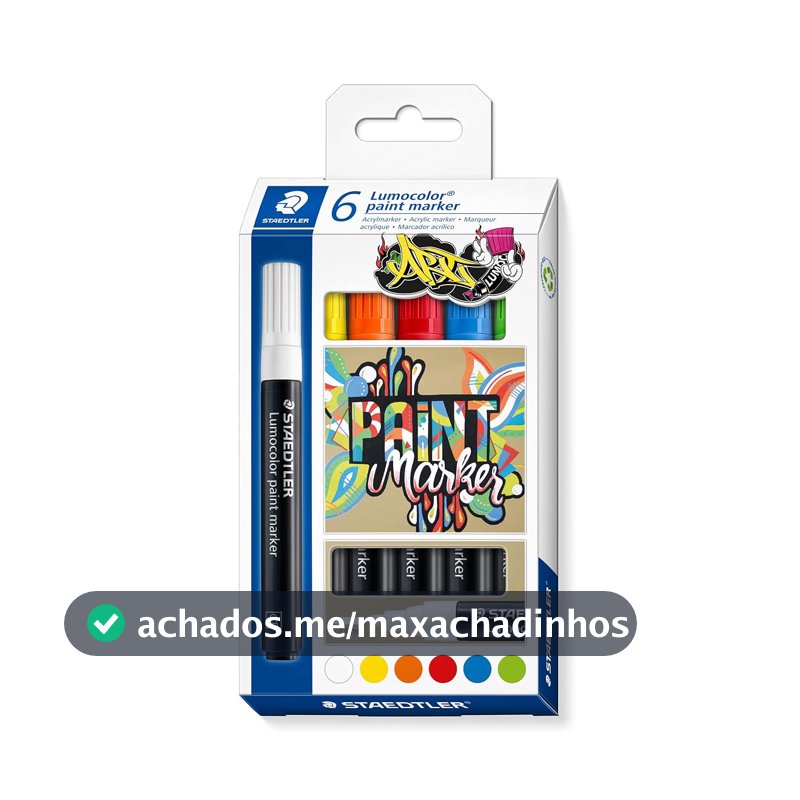 STAEDTLER Marcador Acrílico Lumocolor 6 Unidades 6 Cores Sortidas - 349 C6 - Tinta Permanente à Base de Água, Para Superfícies Escuras, Secagem Rápida, Ponta Arredondada 2,4mm