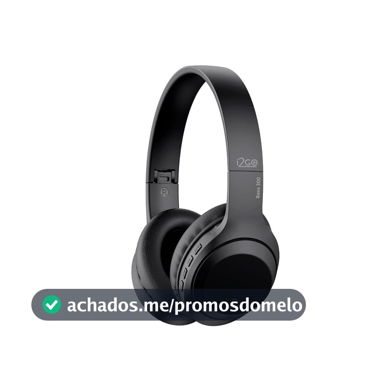 I2GO, Headphone Bass 300, Bluetooth, Microfone Integrado, Controle Multimídia, Até 10h de bateria, Tecnologia Dual Connect, Entrada cabo auxiliar P2 (incluso), Dobrável, Preto