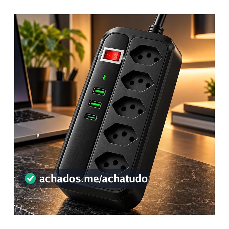 Extensão Elétrica 5 Tomadas com 2 Entradas USB, e 1 USB-C, Filtro de Linha com Interruptor Liga e Desliga e Cabo, Régua de Tomadas para Casa, Escritório e Eletrônicos