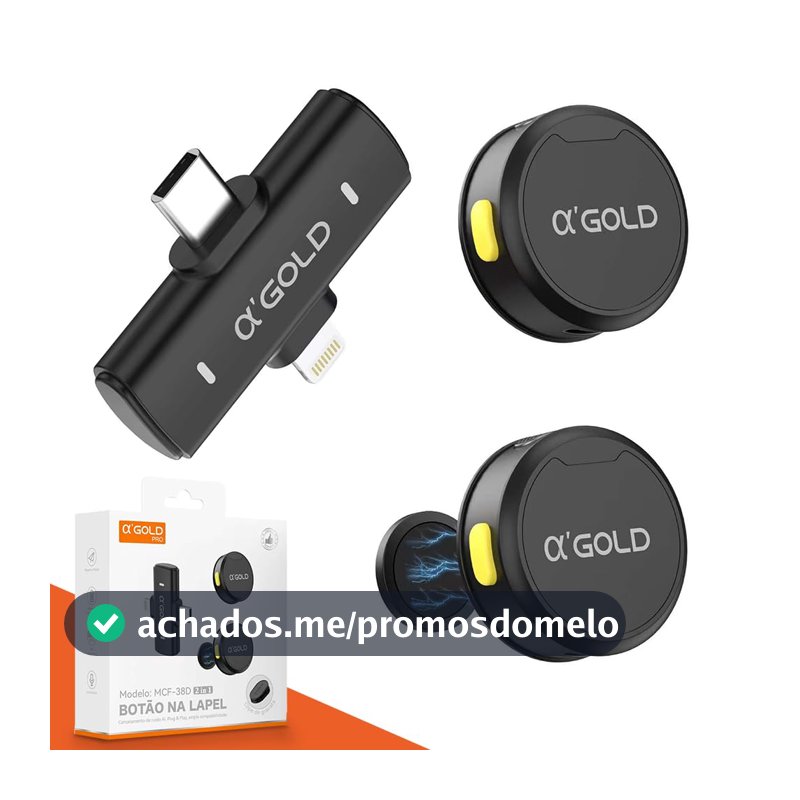 Microfone de Lapela Sem Fio Bluetooth Kit 2 Microfonones Abafamento de Ruído Até 10 Horas Tempo de Trabalho Compatível com Camera, iPhone, Android, PC - Conexão Android e USB-C - Linha AGold Premium