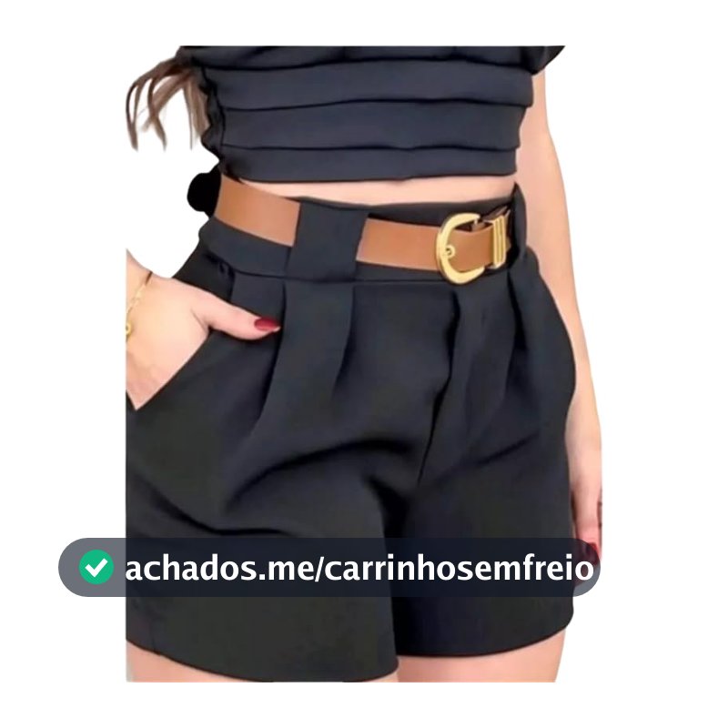Short Social Feminino Alfaiataria, Cintura Alta com Cinto e Bolsos, P ao GG (BR, Alfa, G, Regular, Regular, Preto)