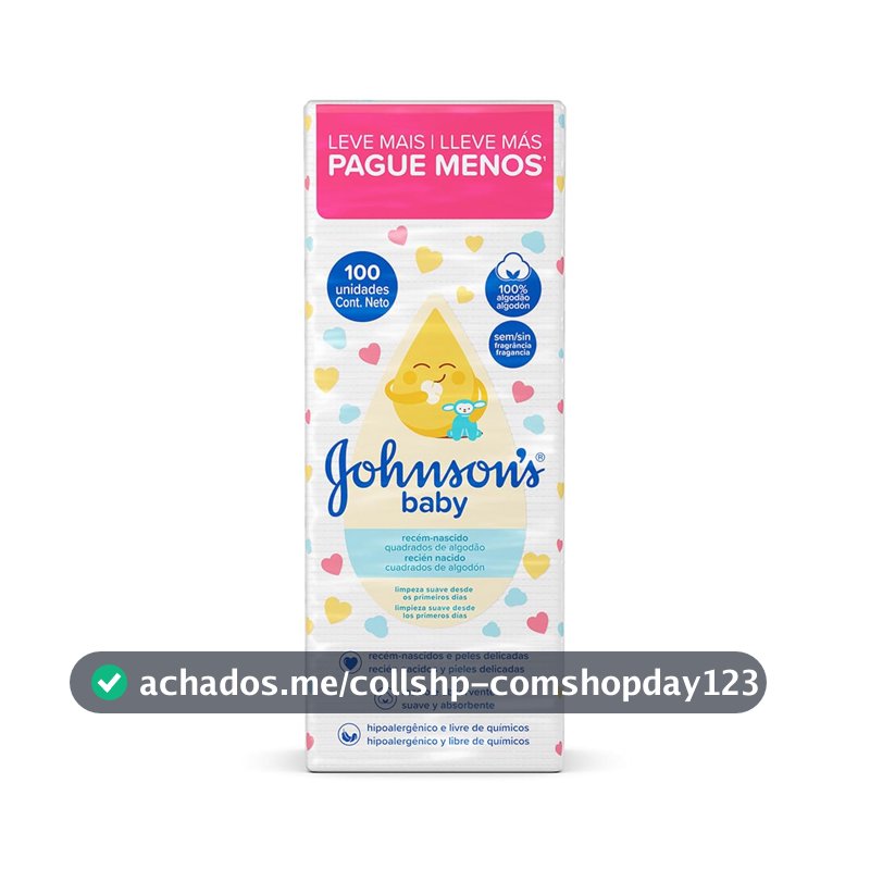 Quadrados de Algodão Johnson's Baby, Recém-Nascido, 100 Unidades