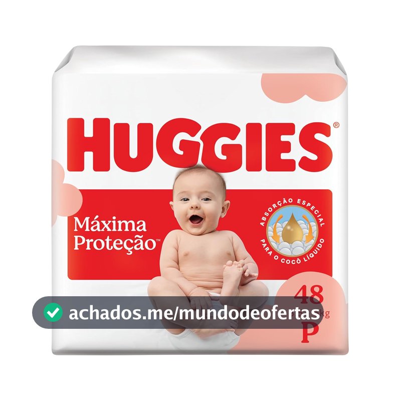 Fralda Descartável Huggies Máxima Proteção Tamanho P 48 unidades – com absorção especial para cocô líquido e indicador de troca.