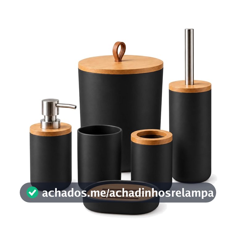 Kit Banheiro 6 Peças - Lixeira com Tampa, Dispenser de Sabonete Líquido, Saboneteira, Porta Escova de Dentes, Copo e Escova Sanitária - Conjunto Completo para Decoração de Banheiro (Preto)
