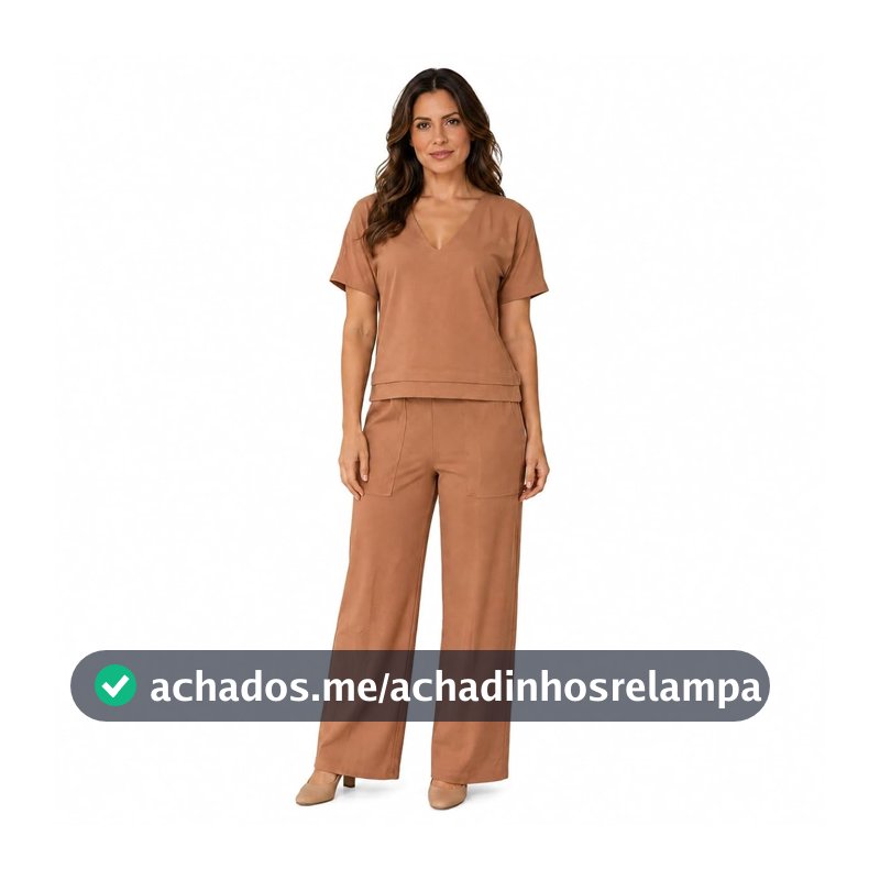 Conjunto Feminino Moletinho Blusa Manga Curta Decote V e Calça Pantalona com Bolsos DOCCE MULHER