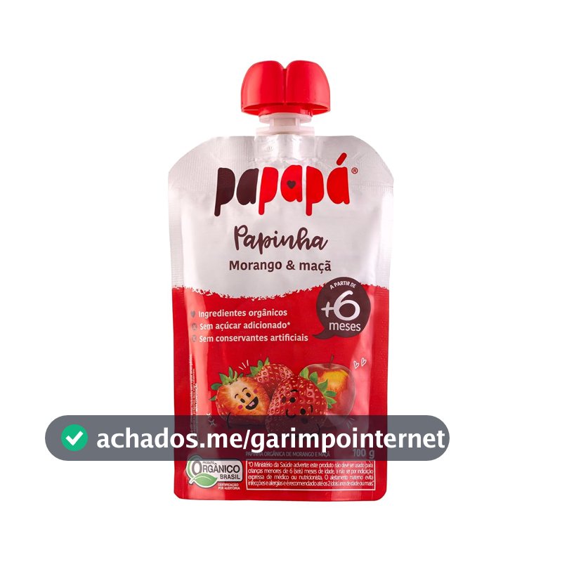 Papapá, Papinha Orgânica de Frutas, Sabor Morango e Maçã, 100g, Sem Açúcar Adicionado, Ingredientes Naturais