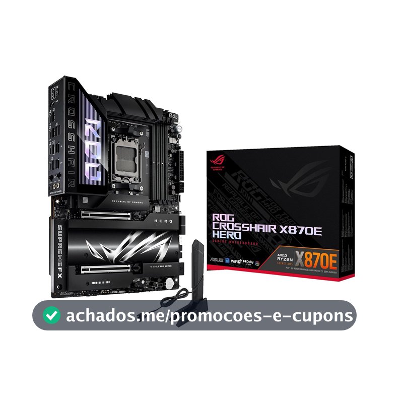 ASUS Placa-mãe ROG Crosshair X870E Hero AMD X870E AM5 ATX, Advanced AI PC Ready, 18+2+2 estágios de energia, DDR5, PCIe® 5.0, 5X M.2, Wi-Fi 7, USB4®, overclocking AI, Core Flex, slot PCIe Q-Release