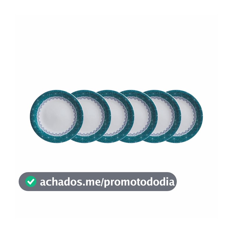 Estojo com 6 Pratos Sobremesa em Porcelana, Modelo Redondo Voyage Coup, Decoração Itacaré, Azul, Porcelana Schmidt