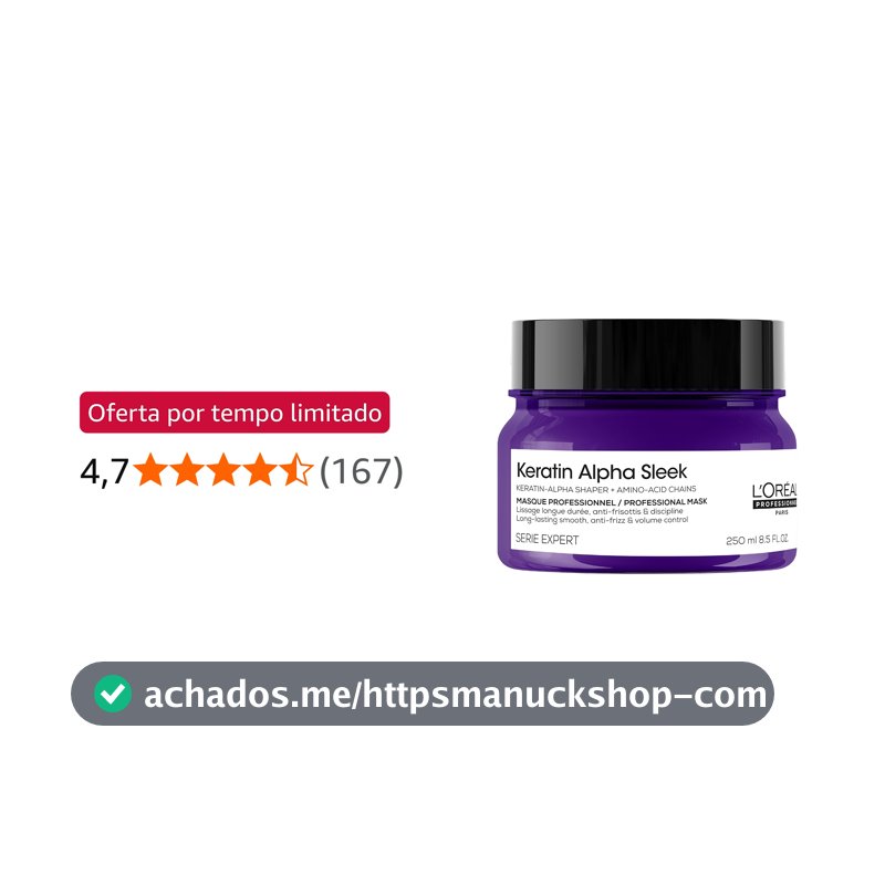L'Oréal Professionnel Keratin Alpha Sleek Máscara capilar profissional l Nutre, remodela a alfa-queratina do cabelo l Fios alinhados, controle de frizz e volume l Maciez, hidratação e brilho l 250g