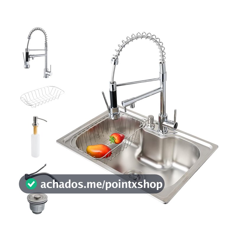 Kit Cuba Prata Escovada60x42x20 cm em Aço Inox 304 com Torneira Gourmet de Mola, Cesto Escorredor e Dosador de Sabão,Prata eletrodepositada