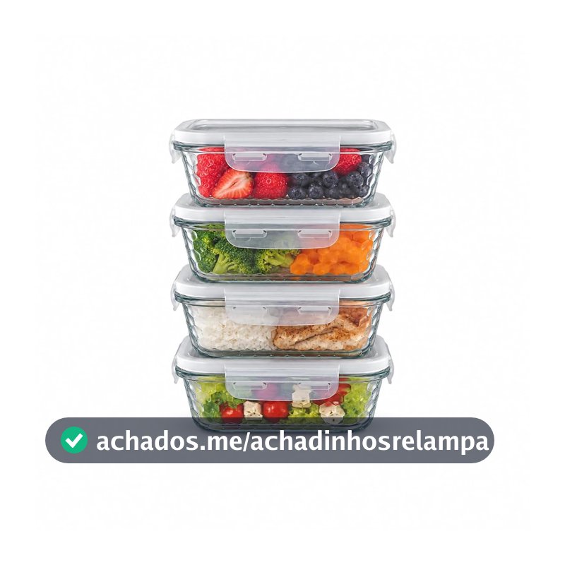 Kit 4 Potes de Vidro Retangular com Tampa Hermética e Vedação de Silicone - Armazenamento Seguro e Versátil de 370ml para Alimentos (Branco)
