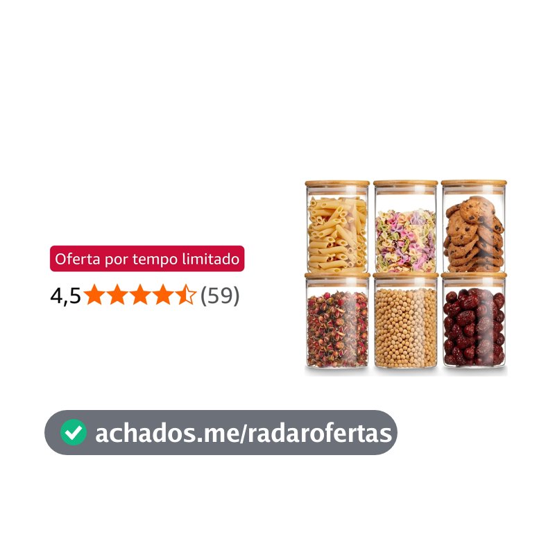 Kit 06 Potes de Mantimentos Herméticos 300ml Pote Redondo Vidro Tampa De Bambu - Ideal Para Temperos Grãos Café Açucar Snacks Condimentos