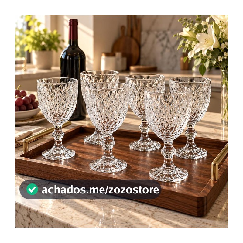 Jogo de 6 Taças de Vidro Diamond Transparente, 340ml, Design Canelado Elegante, 15cm de Altura, para Água, Suco e Drinks Premium