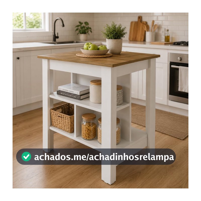 Bancada Ilha de Cozinha Gourmet 2 Prateleiras Linha América Cor Branco/Lâmina Mel - Mademovel