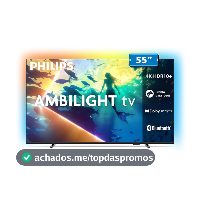 PHILIPS, Smart TV Ambilight 55" 4K, Titan OS, 55PUG8100/78, Comando de Voz, HDR10+/Dolby Atmos, VRR/ALLM, Bluetooth
