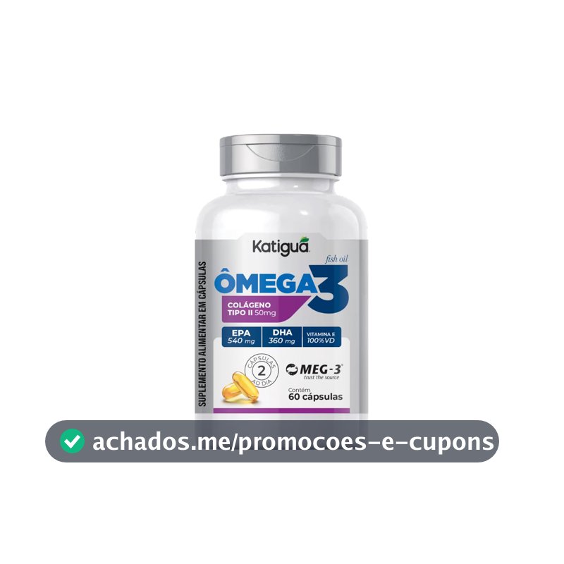 Katiguá, Ômega 3 + Colágeno Tipo II, MEG-3, EPA + DHA e Vitamina E, Fish Oil, 60 Cápsulas Soft Gel • 30 doses, Branco
