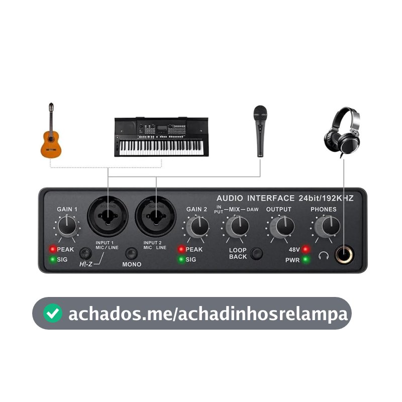 Q-24 Interface de audio,placa de som profissional de canal USB 2.0 DC 5V de alta velocidade, função de monitor para estúdio/gravação musical/jogos/Equipamentos para Gravação Musical