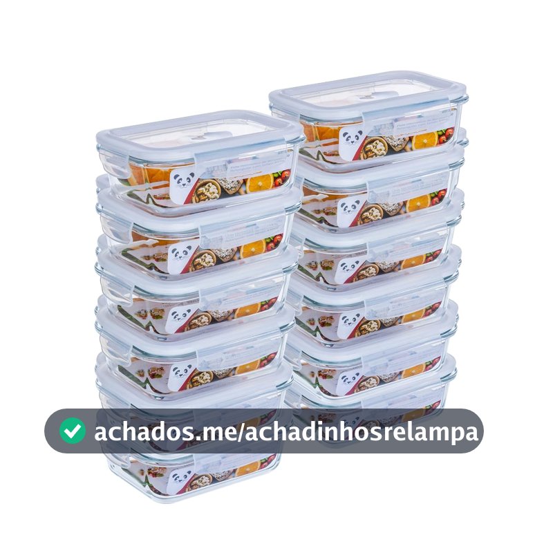 Kit com 12 Potes de Vidro Gato Panda, 640 ml, Retangular, com Tampa Hermética, Branco