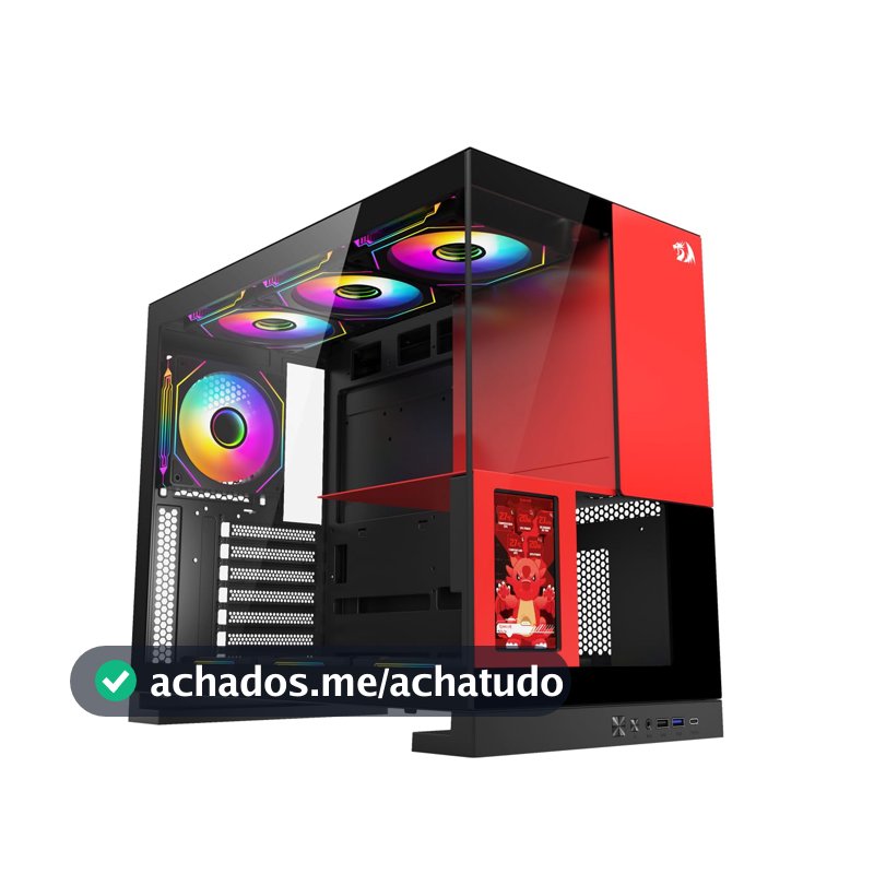 Redragon Gabinete Gamer Eternal Pro Mid Tower Aço e Vidro Temperado Sem Fans c/ Tela LCD ATX Preto e Vermelho - CA-613BR