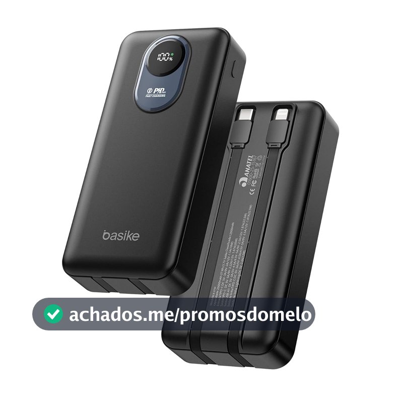 Basike Power Bank 20000mAh, Carregador Portátil, 2 Cabos Integrados (Preto)