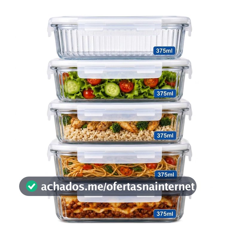 Kit 5 Potes de Vidro Herméticos 375ml – Tampa com Trava, Vedação Airtight, Ideal para Marmitas, Porta Mantimentos, Alimentos e Organização, Acabamento Premium