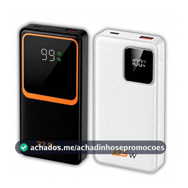 Carregador Portátil (Power Bank) 20000Mah Turbo 22.5w Carregamento Ultra Rápido PD Visor Led com 2 Saídas Compatível com Android e IOS (Preto ou Branco)