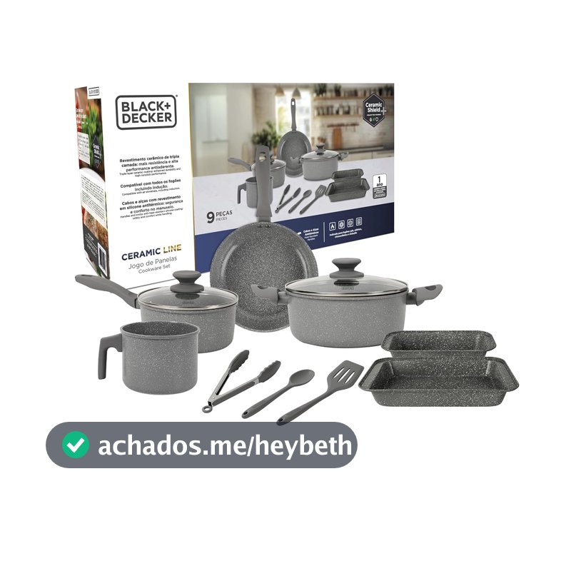 BLACK+DECKER JOGO DE PANELAS 9 PEÇAS CERAMIC LINE - CORPO COM REVESTIMENTO CERÂMICO ANTIADERENTE COM ACABAMENTO MARMORIZADO GREY MARBLE, BASE COMPATÍVEL COM INDUÇÃO