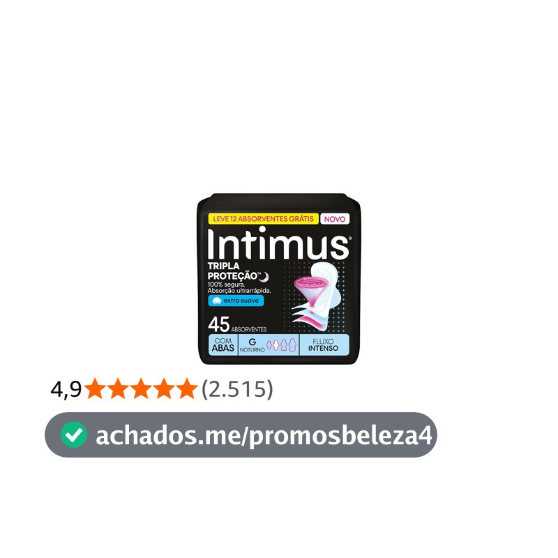 Absorvente Intimus Tripla Proteção Noite Suave Com Abas, Fluxo intenso, 45 unid