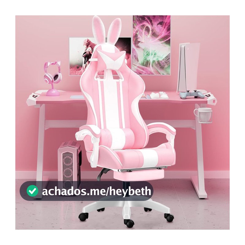 Cadeira gamer fofa com orelhas de coelho, com apoio de pés e apoio de cabeça (Rosa)