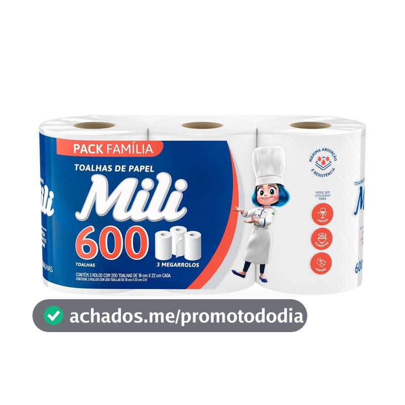 Mili Papel Toalha Folha Dupla, 3 Rolos de 200 Folhas