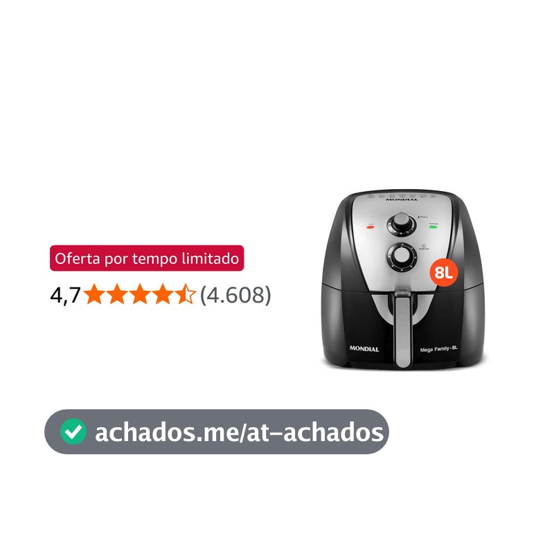MONDIAL Fritadeira Sem Óleo Air Fryer 8L, Preto/Inox, 1900W, 110V - AFN-80-BI