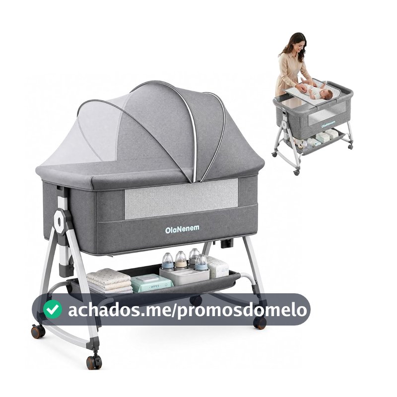 OLANENEM 6 em 1 Berço Portátil, Berço Moisés com Fraldário e Mosquiteiro, Berço Acoplado à Cama com Suporte Triangular de Aço Carbono, 6 Alturas e Inclinação Antirrefluxo 5°(Cinza)